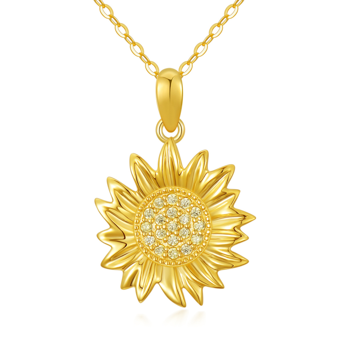 14K Gold Zircon Sunflower Pendant Necklace-1