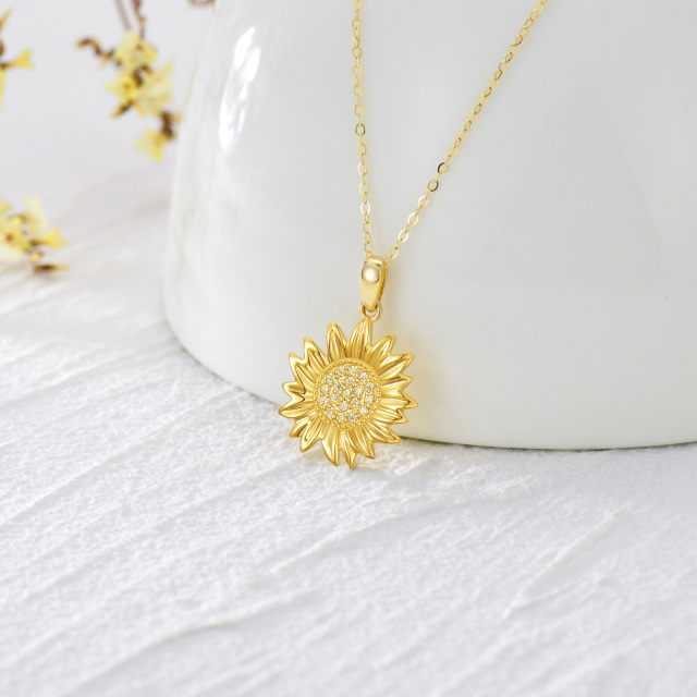 14K Gold Zircon Sunflower Pendant Necklace-3
