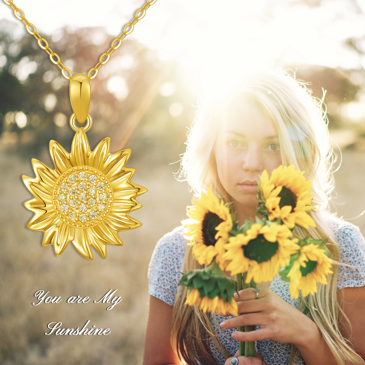 14K Gold Zircon Sunflower Pendant Necklace-6