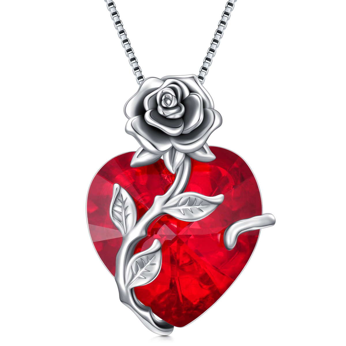 Sterling Silver Heart Shaped Crystal Rose & Heart Pendant Necklace-1