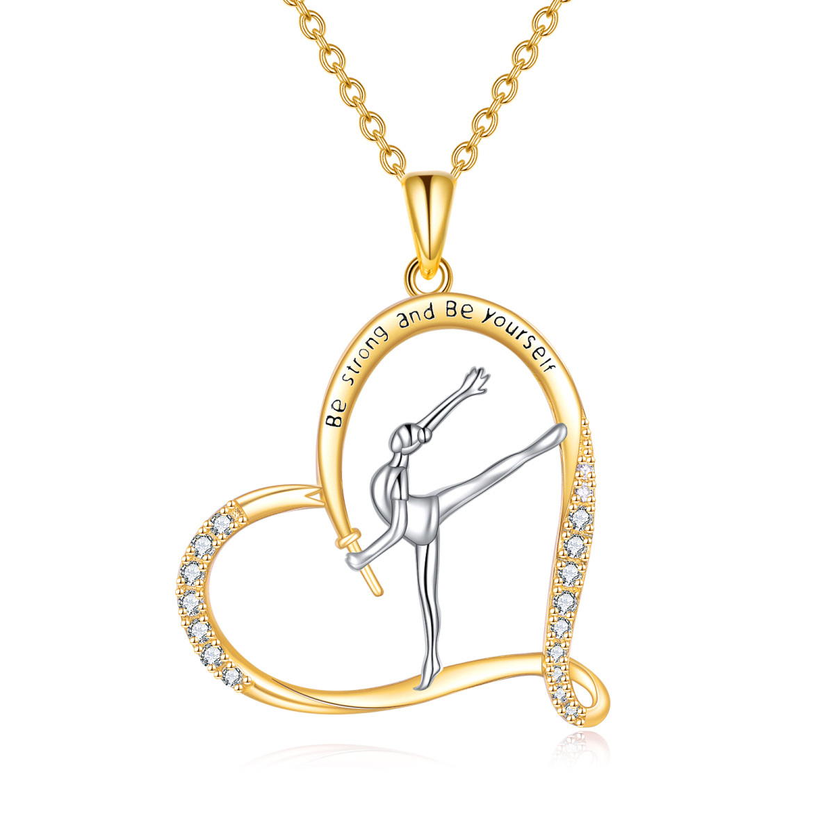 Sterling Silver Two-tone Heart Zircon Gymnast & Gymnastics Pendant Necklace with Engraved Word-1