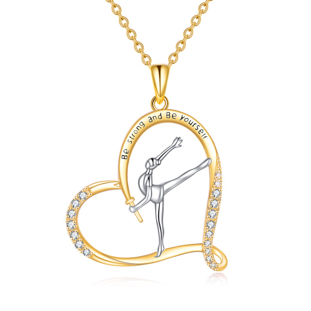 Sterling Silver Two-tone Heart Zircon Gymnast & Gymnastics Pendant Necklace with Engraved Word-0