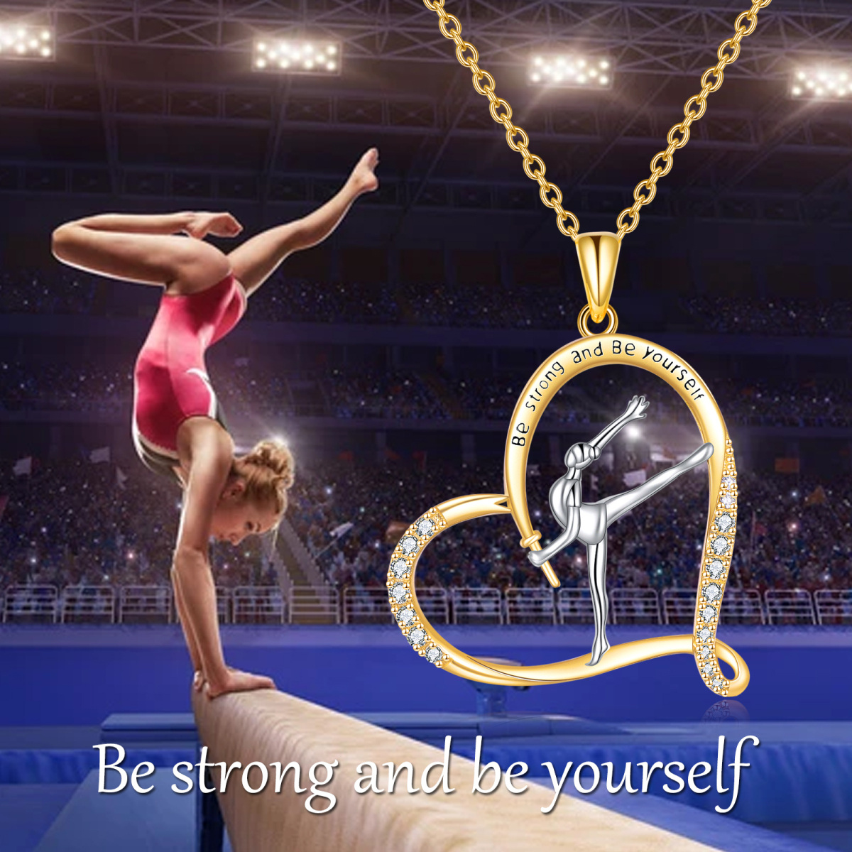 Sterling Silver Two-tone Heart Zircon Gymnast & Gymnastics Pendant Necklace with Engraved Word-6