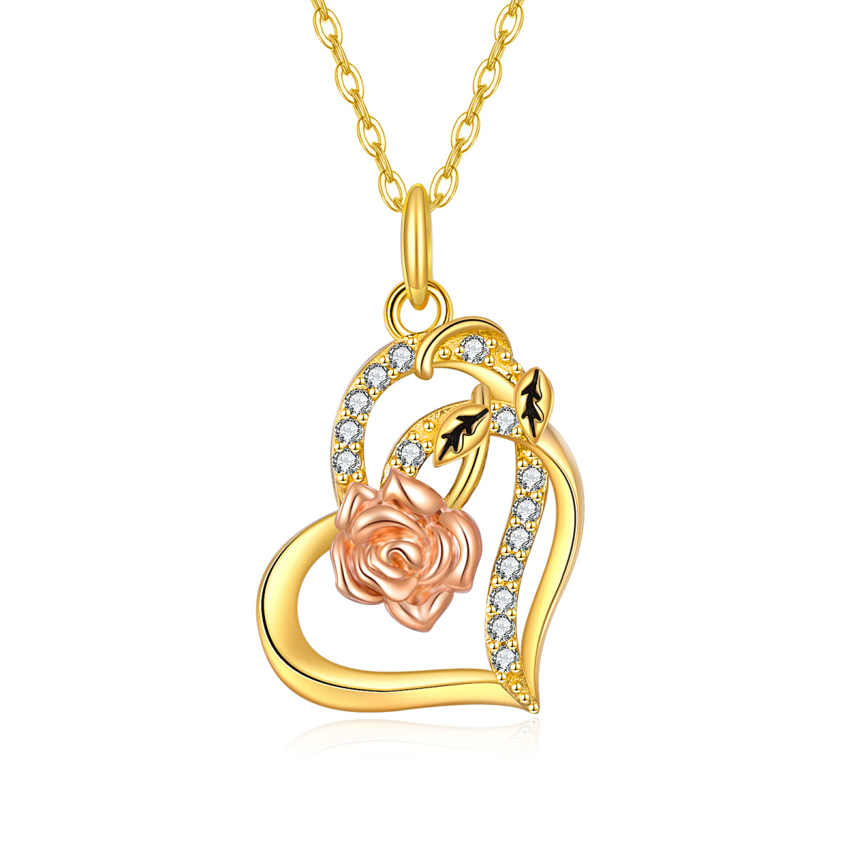 14K Gold Moissanite Rose & Heart With Heart Pendant Necklace-1