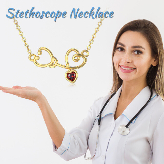 14K Gold Heart Shaped Cubic Zirconia Heart & Stethoscope Pendant Necklace-2