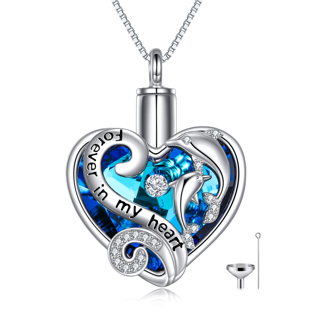 Sterling Silver Heart Crystal Dolphin & Heart Urn Necklace for Ashes with Engraved Word-1