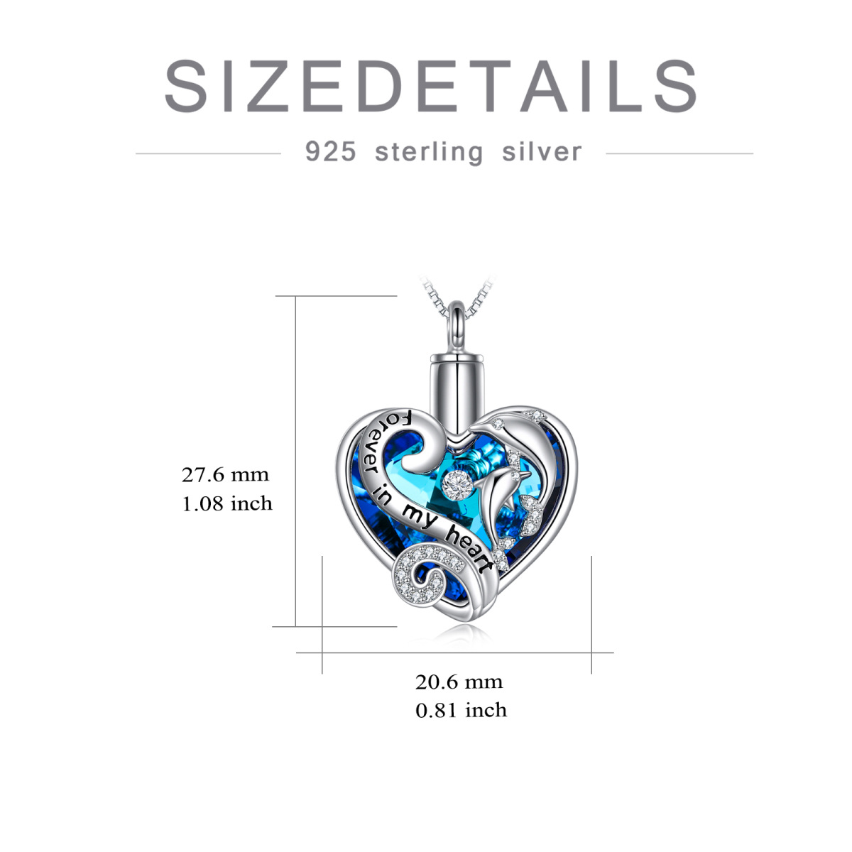 Sterling Silver Heart Crystal Dolphin & Heart Urn Necklace for Ashes with Engraved Word-6