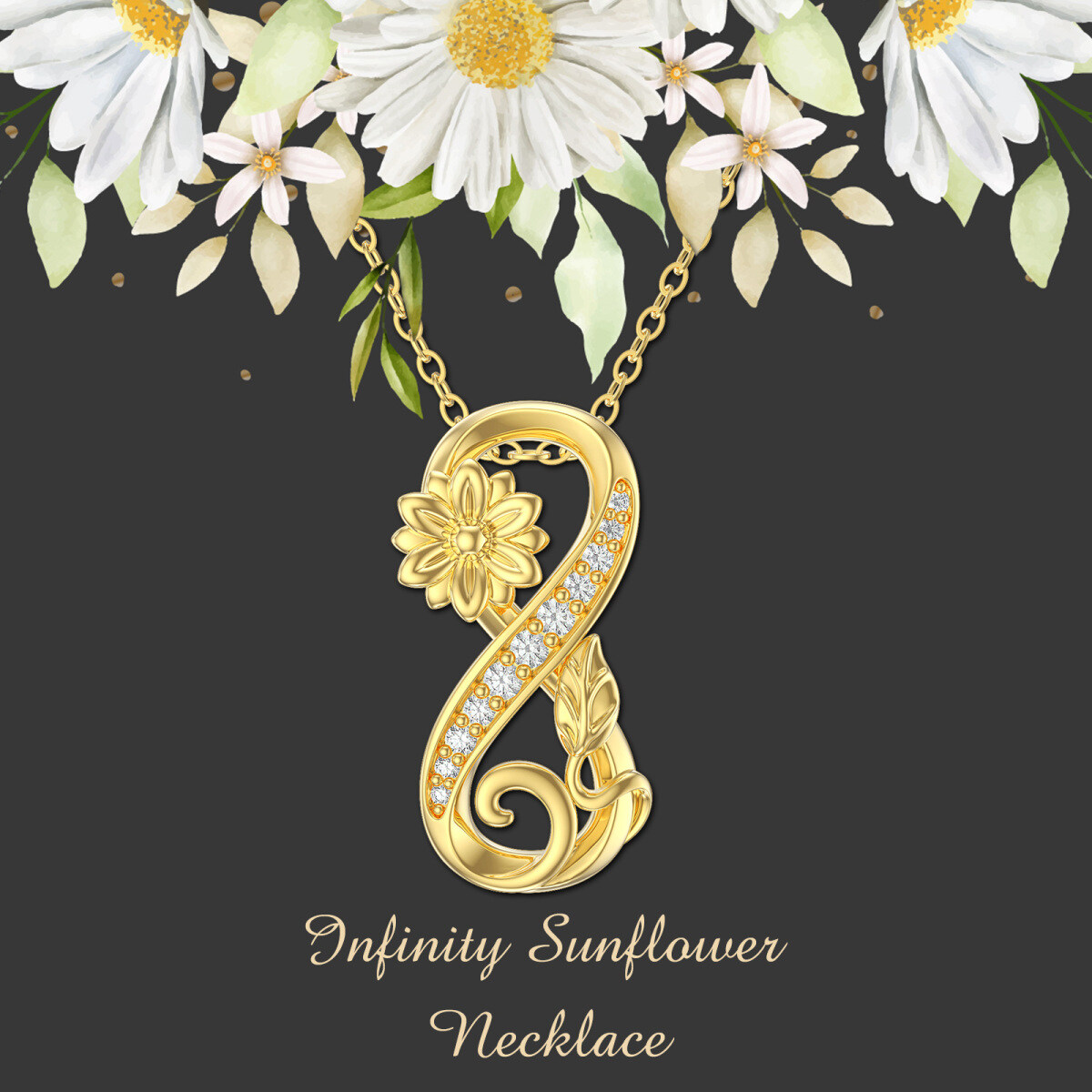 14K Gold Circular Shaped Zircon Sunflower & Infinity Symbol Pendant Necklace-6