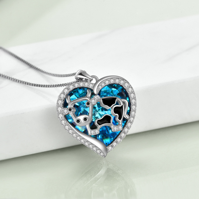 Sterling Silver Cow in Heart Shaped Crystal Pendant Necklace-3