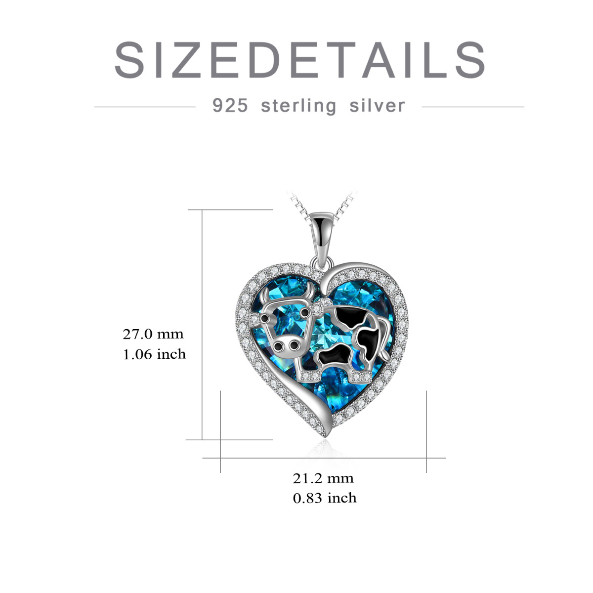 Sterling Silber Kuh in Herzform Kristall Anhänger Halskette-6