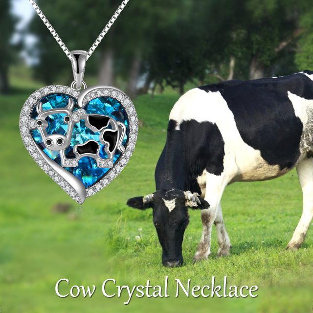Sterling Silver Cow in Heart Shaped Crystal Pendant Necklace-2
