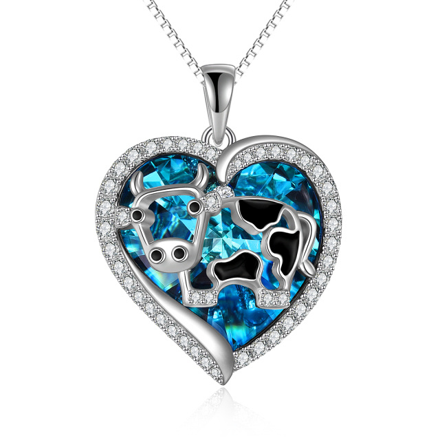 Sterling Silver Cow in Heart Shaped Crystal Pendant Necklace-0