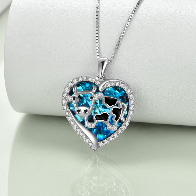 Sterling Silver Cow in Heart Shaped Crystal Pendant Necklace-4