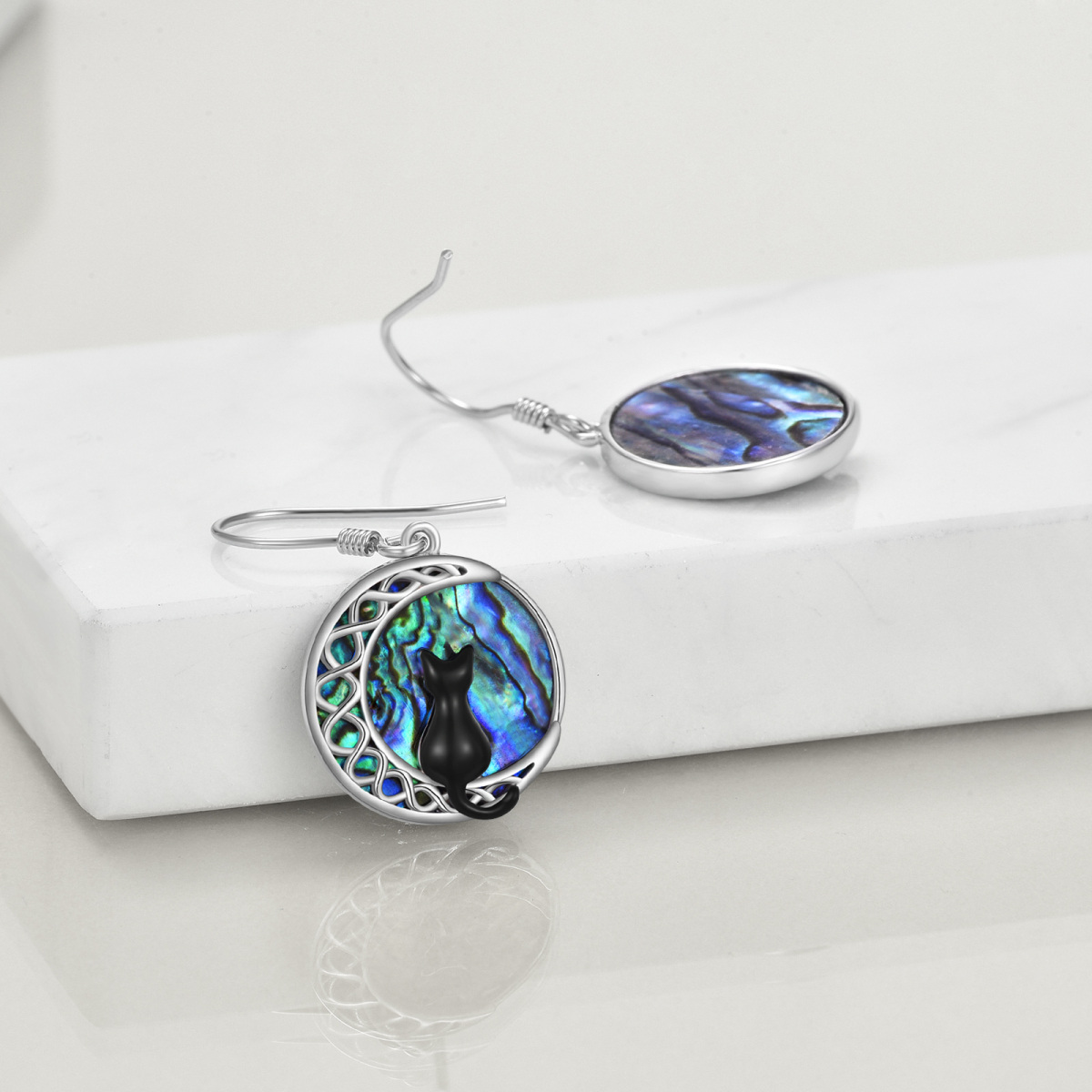 Sterling Silver Circular Shaped Abalone Shellfish Cat & Moon Drop Earrings-4