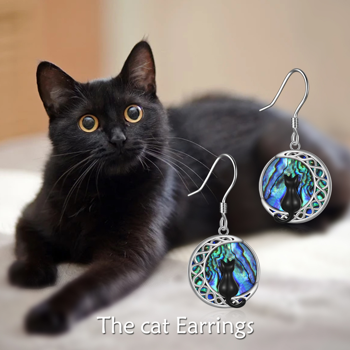 Sterling Silver Circular Shaped Abalone Shellfish Cat & Moon Drop Earrings-6