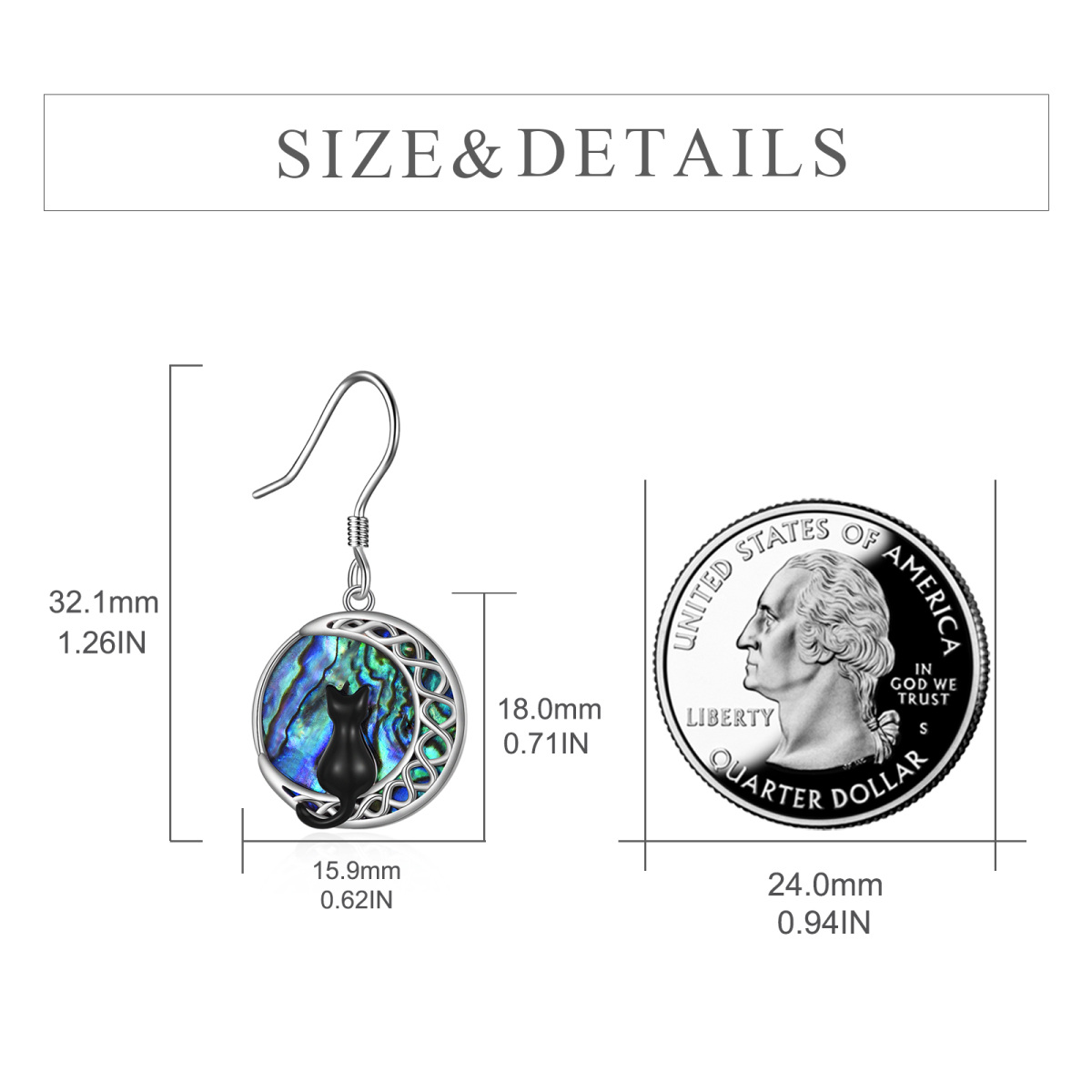 Sterling Silver Circular Shaped Abalone Shellfish Cat & Moon Drop Earrings-5