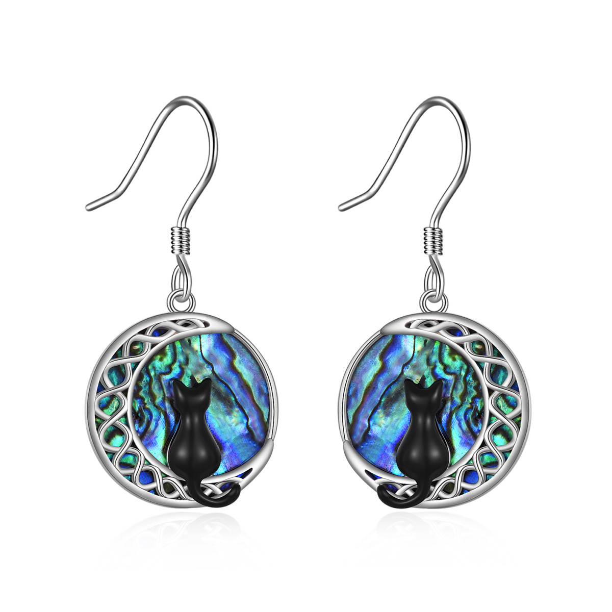 Sterling Silver Circular Shaped Abalone Shellfish Cat & Moon Drop Earrings-1