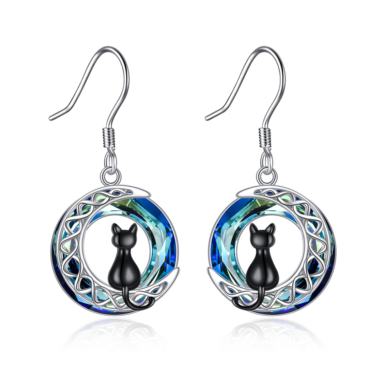 Sterling Silver Two-tone Circular Shaped Crystal Cat & Celtic Knot & Moon Drop Earrings-1