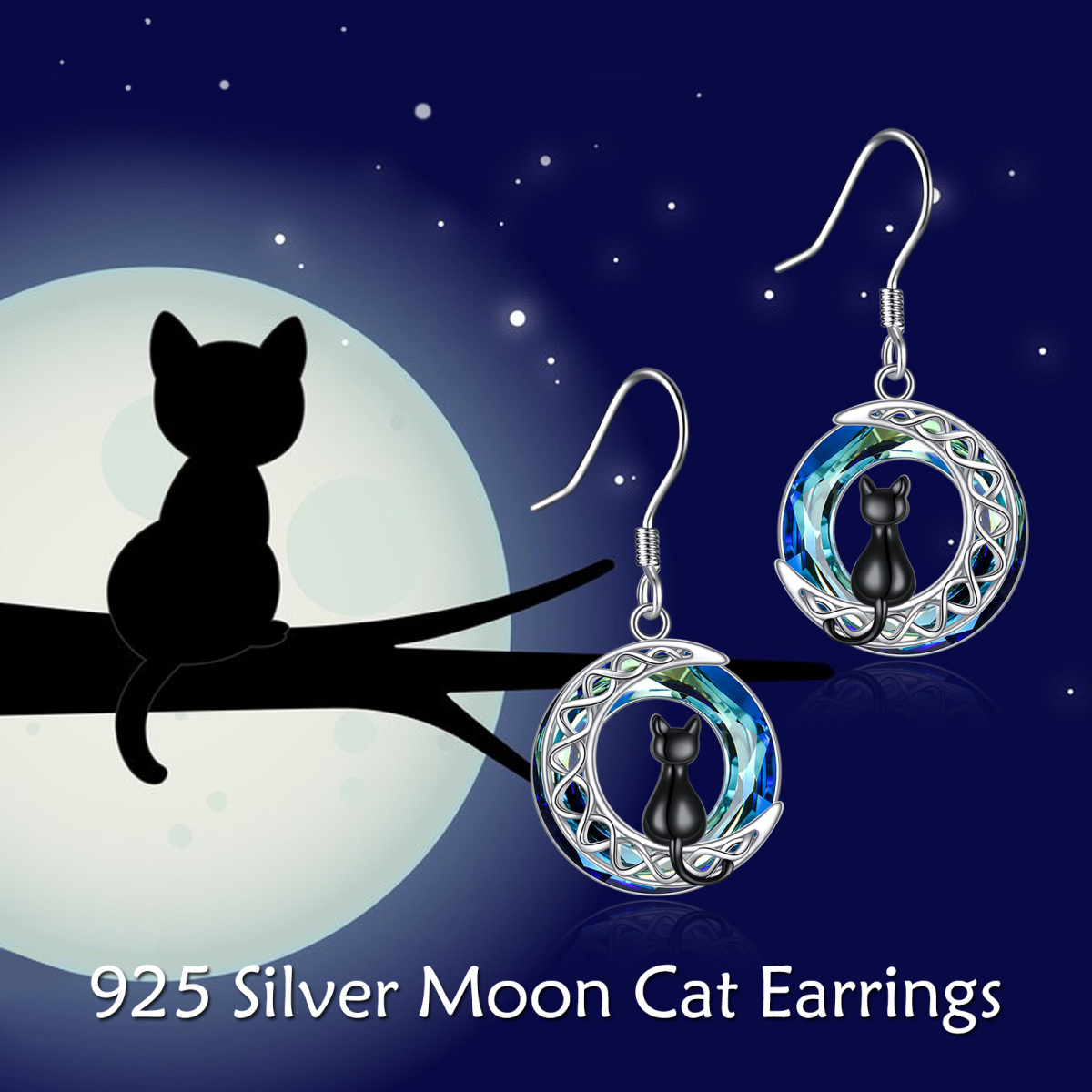 Sterling Silver Two-tone Circular Shaped Crystal Cat & Celtic Knot & Moon Drop Earrings-6