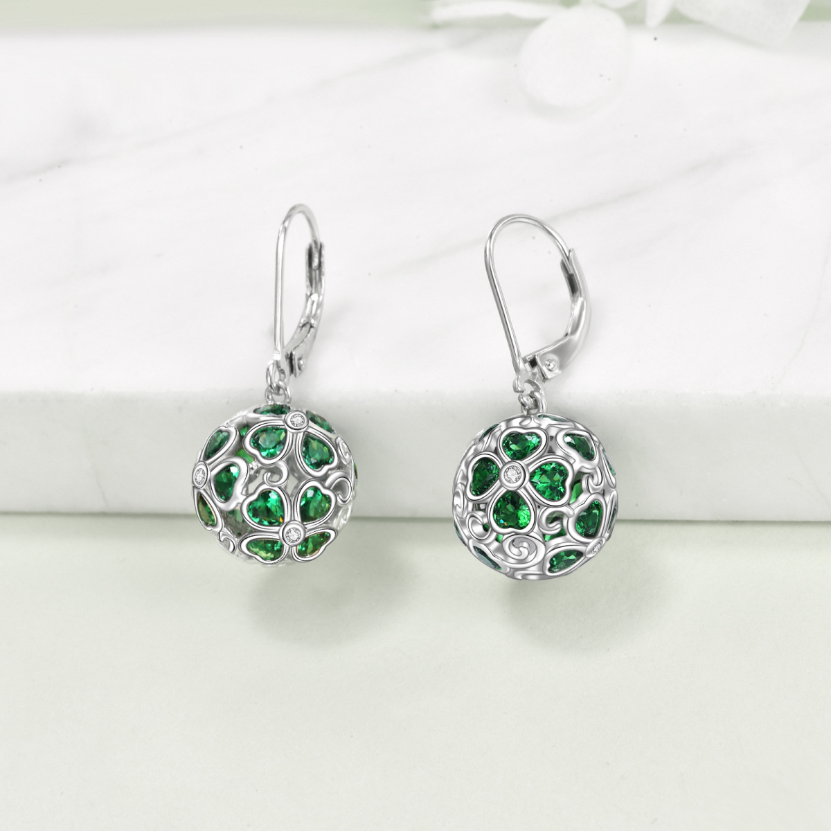 Sterling Silver Cubic Zirconia Four Leaf Clover Drop Earrings-3