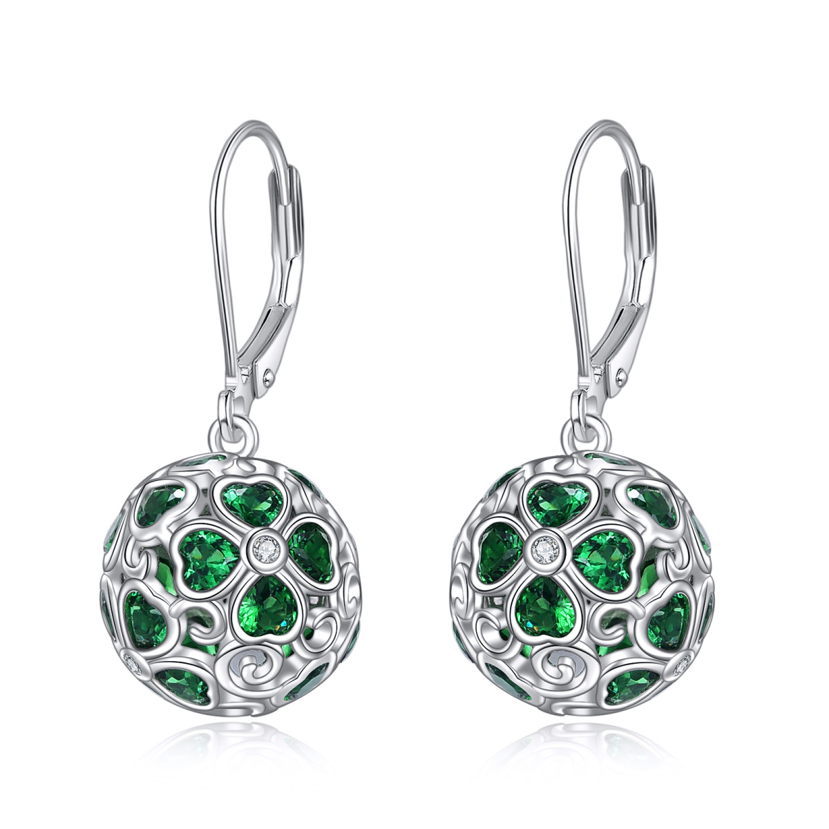 Sterling Silver Cubic Zirconia Four Leaf Clover Drop Earrings-1