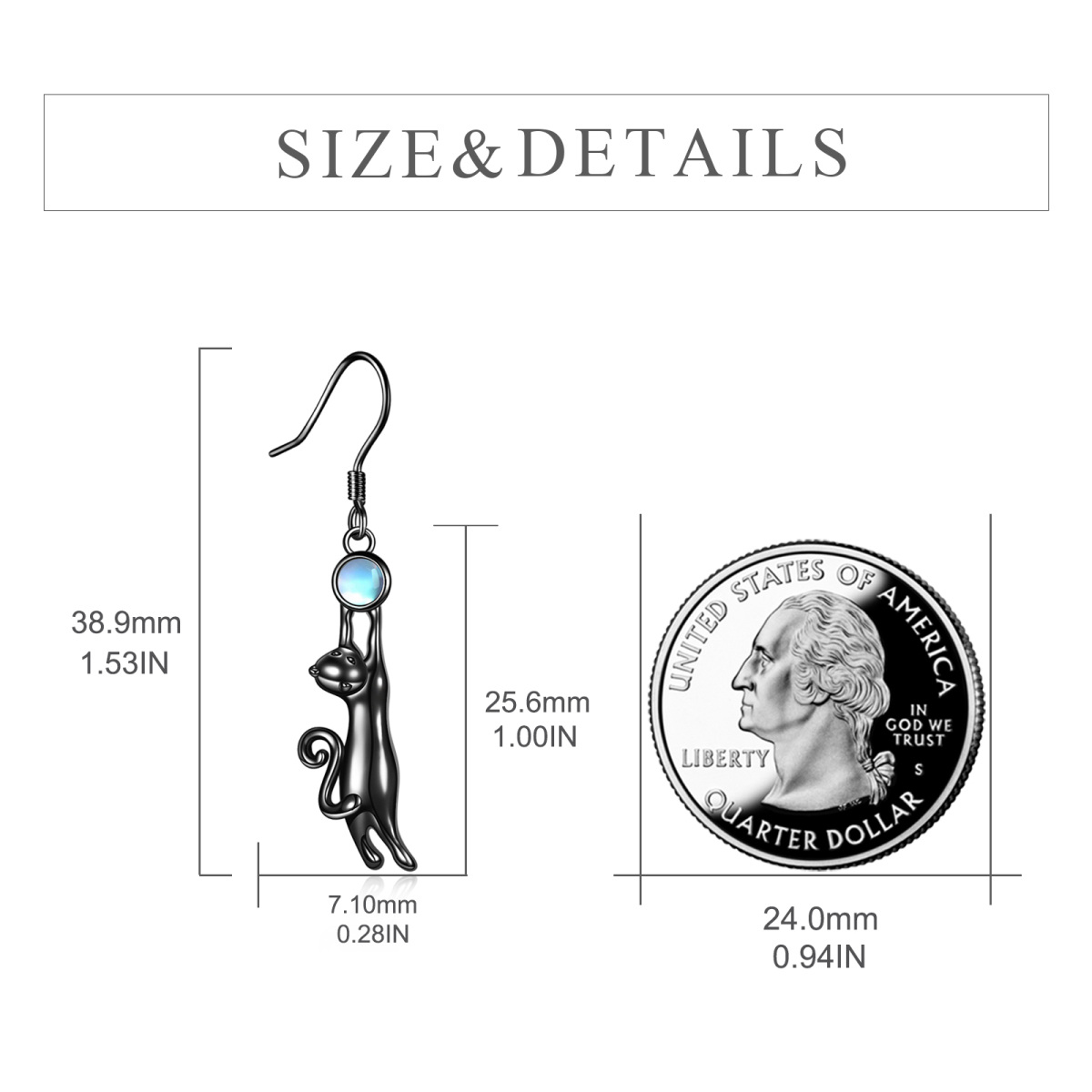 Sterling Silver with Black Rhodium Color Circular Shaped Moonstone Cat Drop Earrings-4