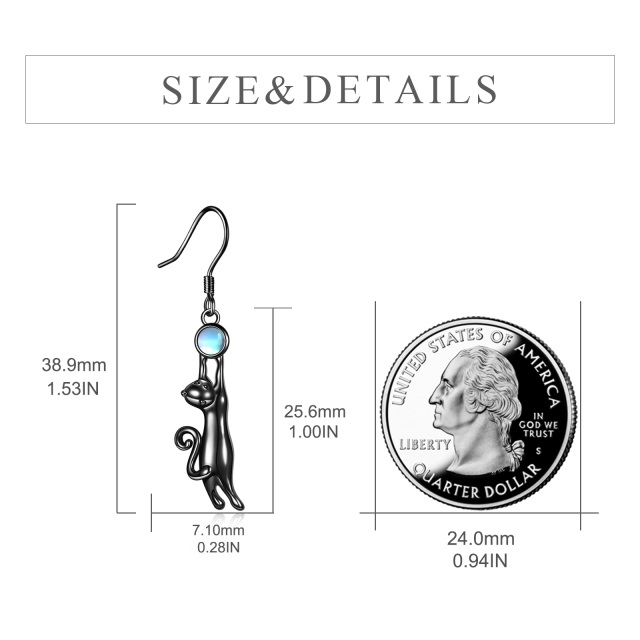 Sterling Silver with Black Rhodium Color Circular Shaped Moonstone Cat Drop Earrings-3