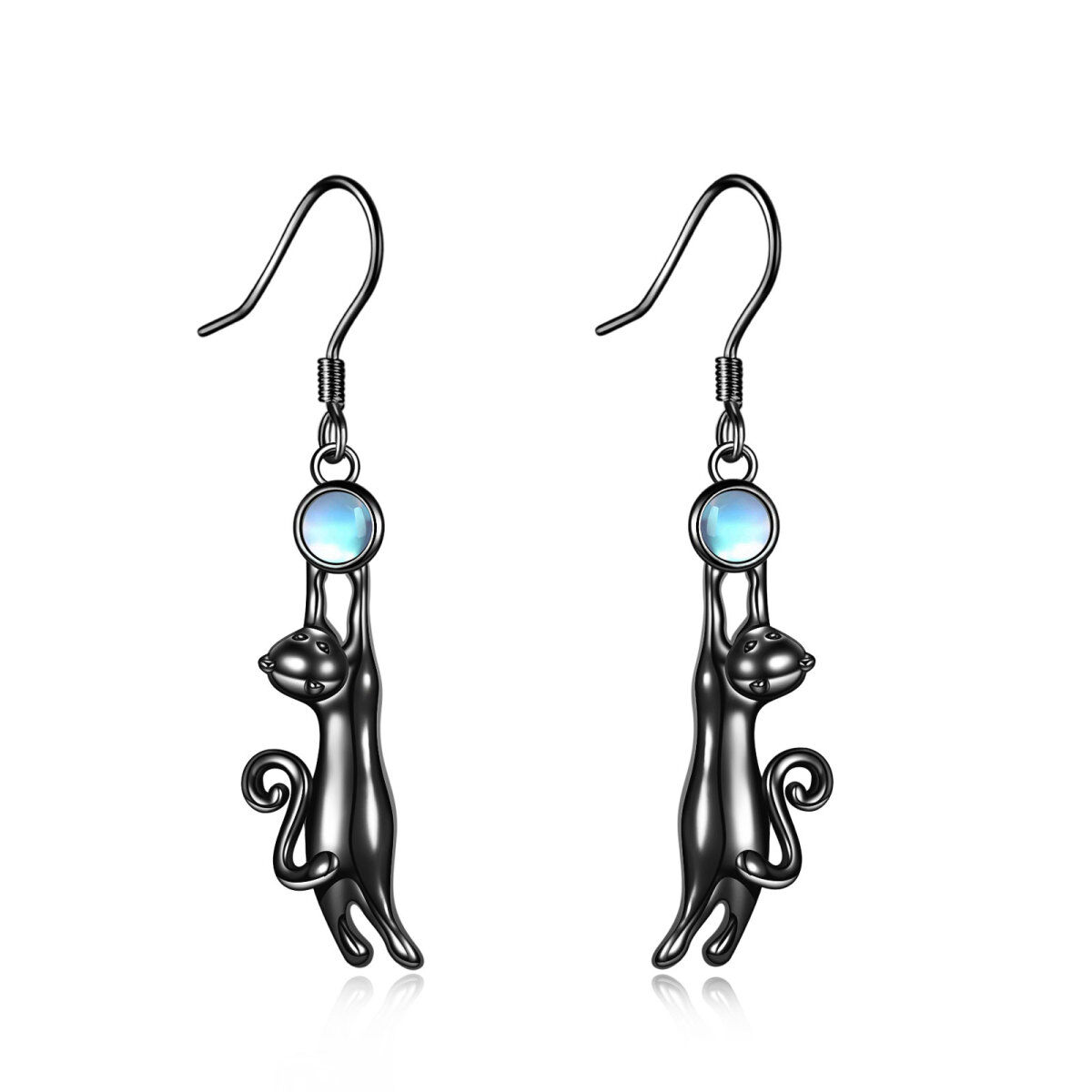 Sterling Silver with Black Rhodium Color Circular Shaped Moonstone Cat Drop Earrings-1
