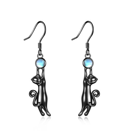 Sterling Silver with Black Rhodium Color Circular Shaped Moonstone Cat Drop Earrings