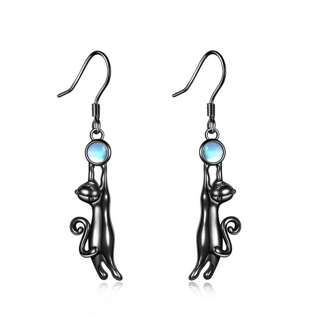 Sterling Silver with Black Rhodium Color Circular Shaped Moonstone Cat Drop Earrings-0