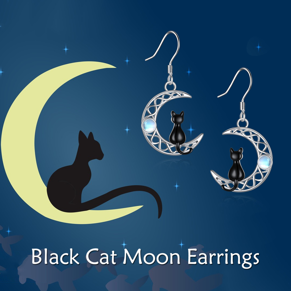 Sterling Silver Two-tone Circular Shaped Moonstone Cat & Celtic Knot & Moon Drop Earrings-6