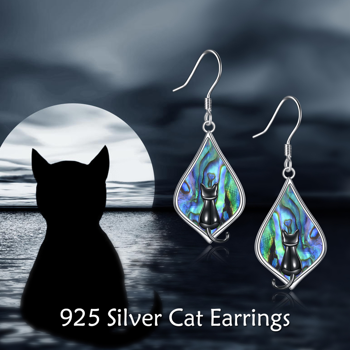 Sterling Silver Two-tone Abalone Shellfish Cat Drop Earrings-6