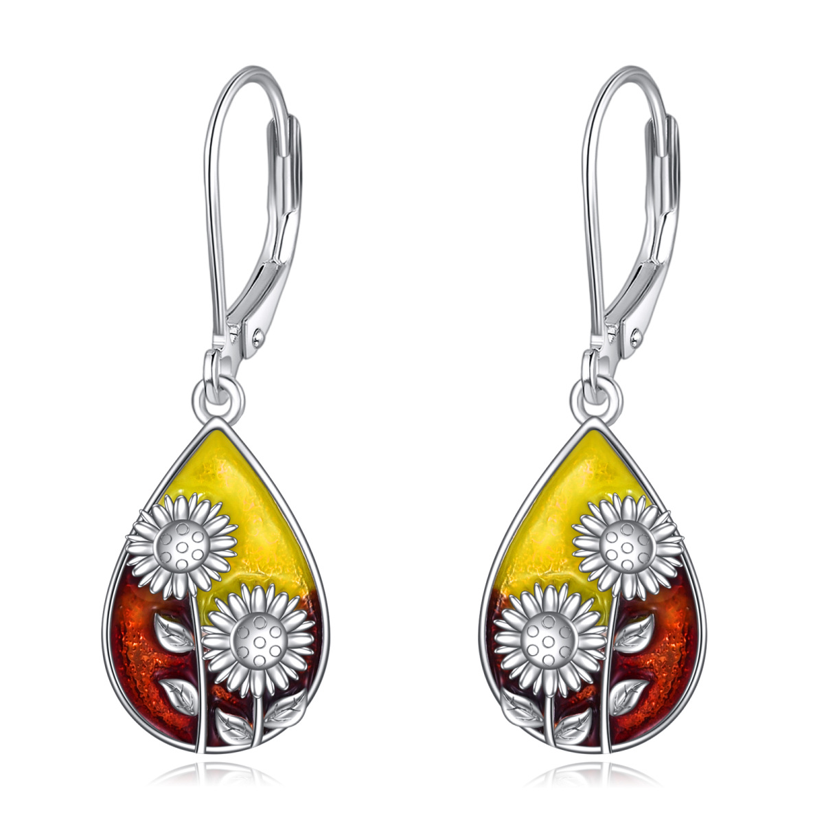 Sterling Silver Sunflower & Drop Shape Lever-back Earrings-1