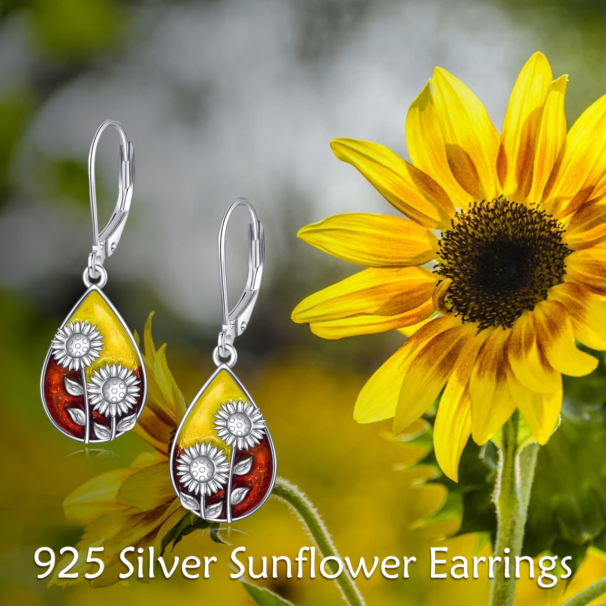 Sterling Silver Sunflower & Drop Shape Lever-back Earrings-6