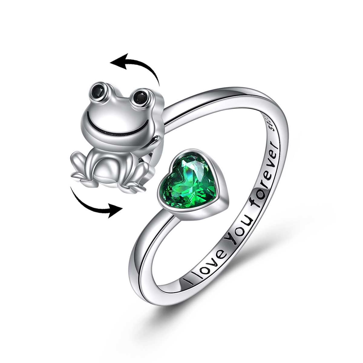 Sterling Silver Heart Shaped Cubic Zirconia Frog & Heart Spinner Ring with Engraved Word-1