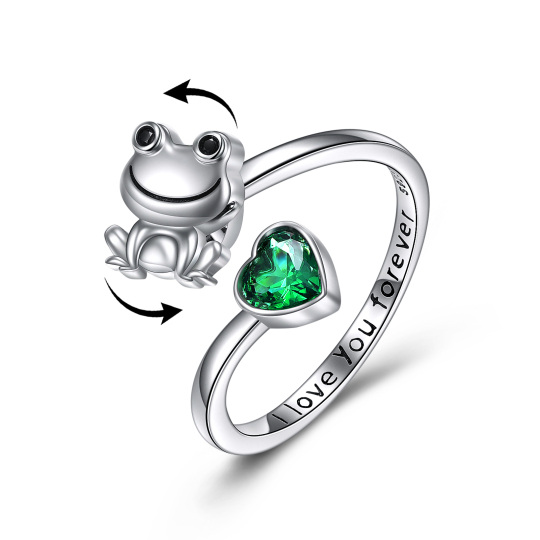 Sterling Silver Heart Shaped Cubic Zirconia Frog & Heart Spinner Ring with Engraved Word