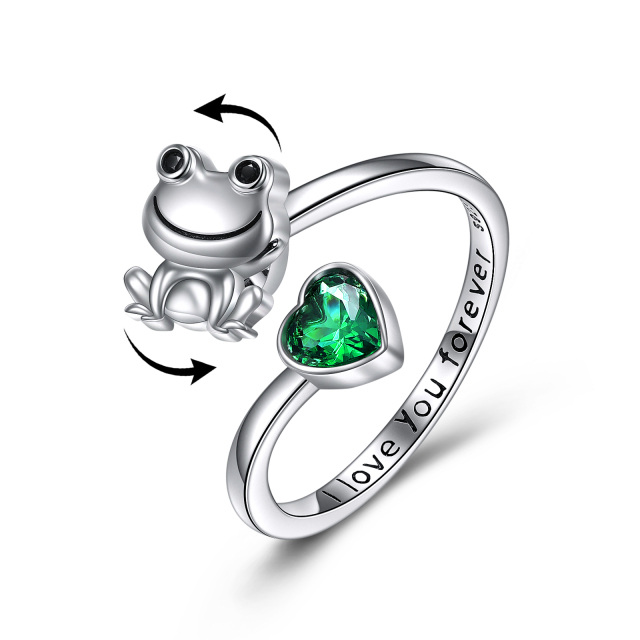 Sterling Silver Heart Shaped Cubic Zirconia Frog & Heart Spinner Ring with Engraved Word-0