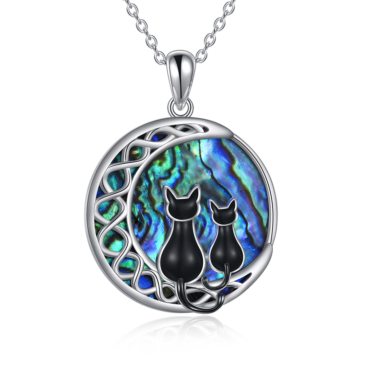 Sterling Silver Round Abalone Shellfish Cat & Moon Pendant Necklace-1