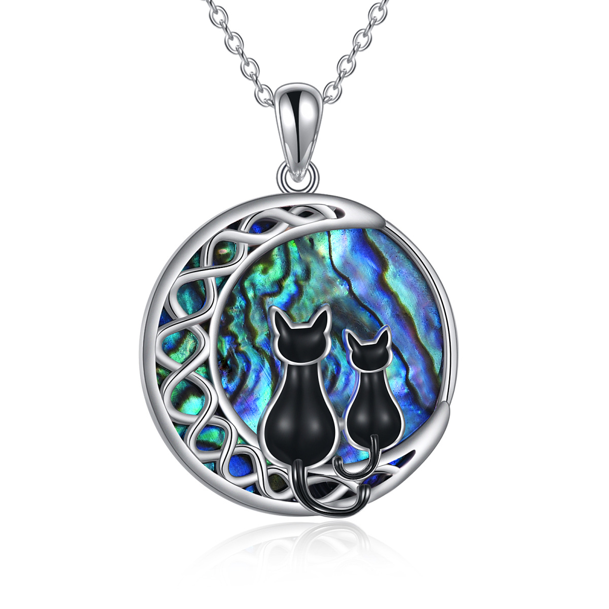 Collier en argent sterling avec pendentif chat et lune en forme de coquillage abalone rond-1