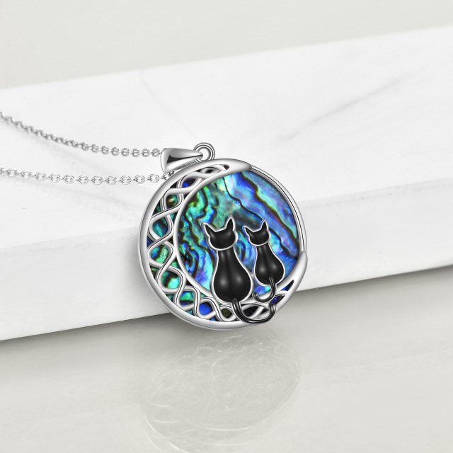 Sterling Silver Round Abalone Shellfish Cat & Moon Pendant Necklace-3