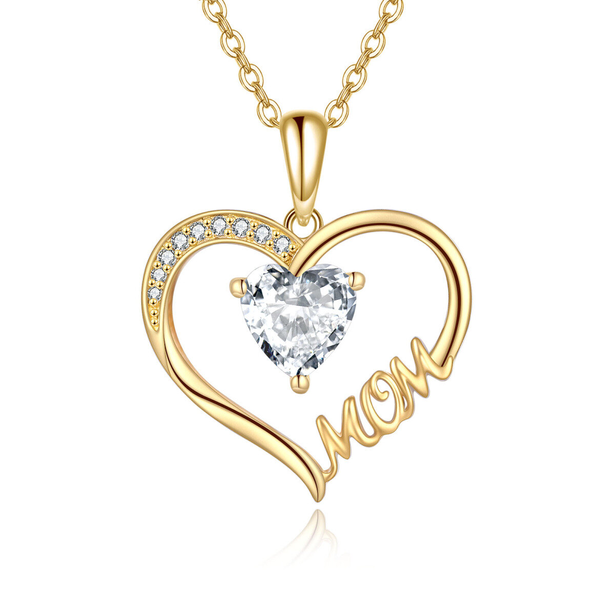 14K Gold Cubic Zirconia Heart Mom Pendant Necklace-1