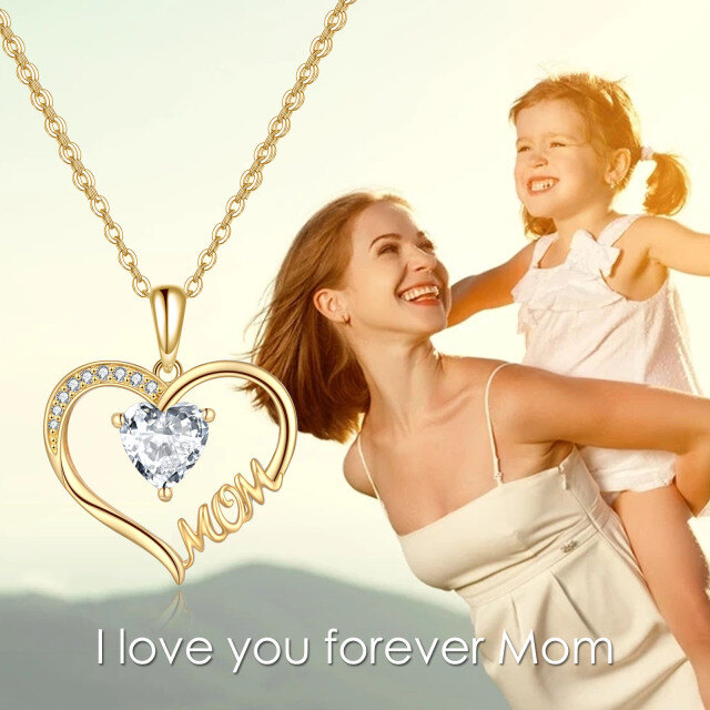 14K Gold Cubic Zirconia Heart Mom Pendant Necklace-4