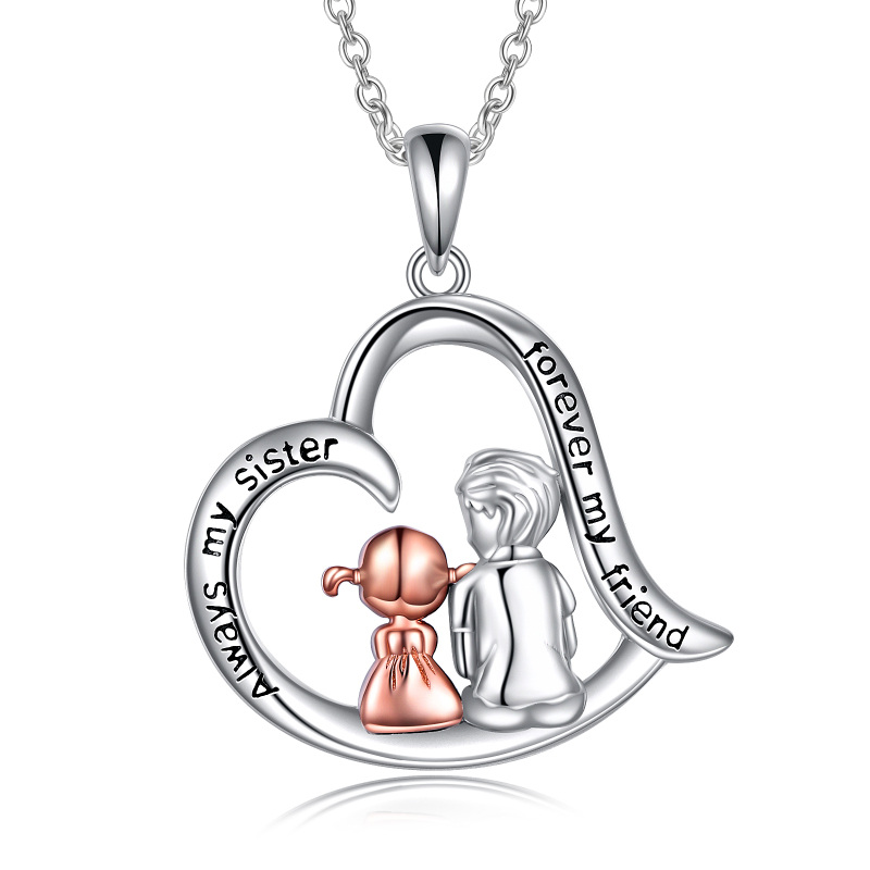 Sterling Silver Two-tone Best Sisters & Heart Pendant Necklace with Engraved Word