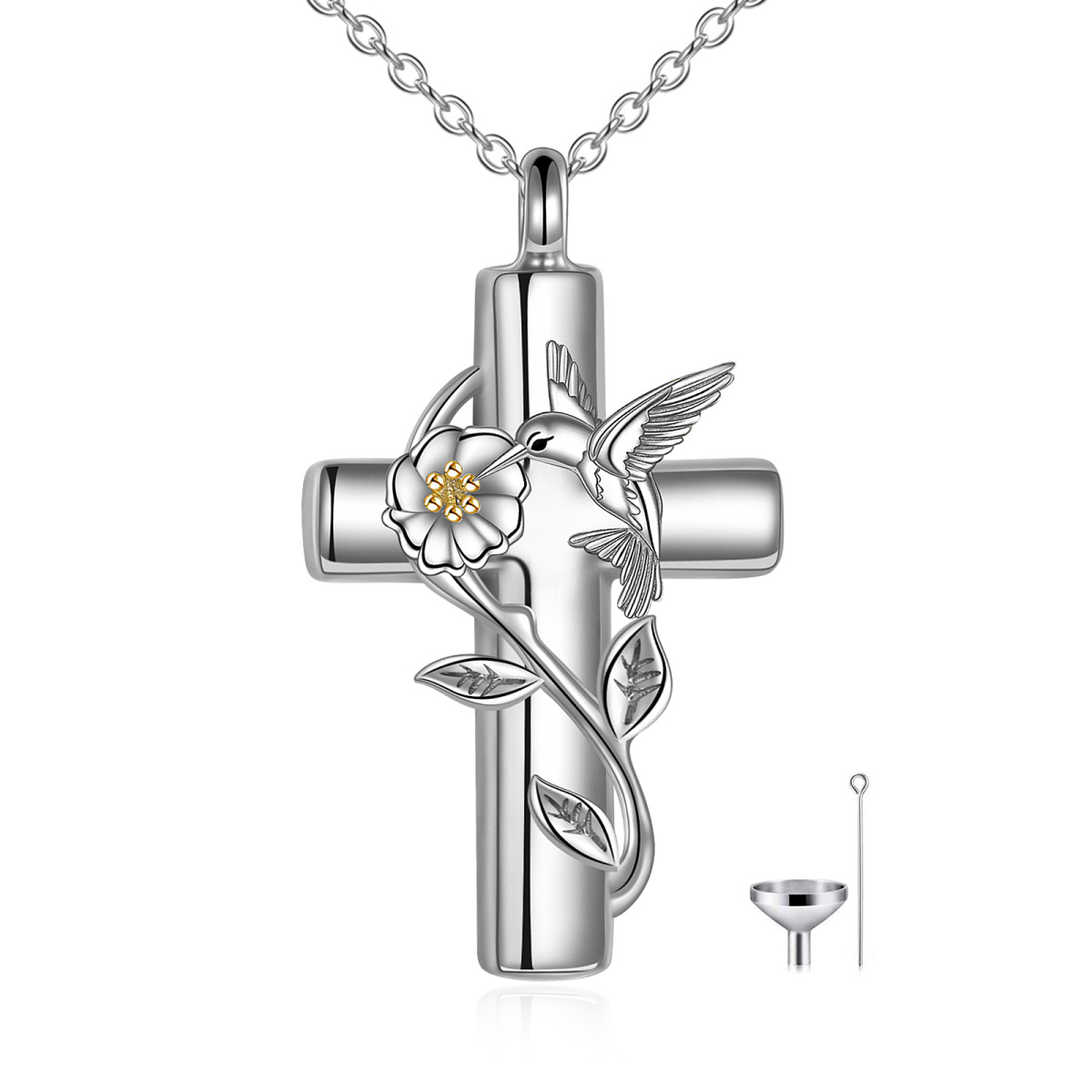 Sterling Silver Two-tone Hummingbird & Cross Urn Necklace for Ashes with Engraved Word-1