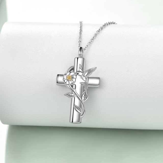 Sterling Silver Two-tone Hummingbird & Cross Urn Necklace for Ashes with Engraved Word-3