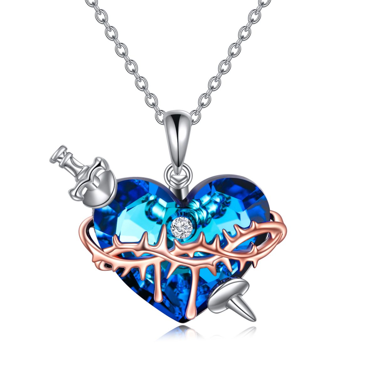 Sterling Silver Two-tone Heart Crystal Pendant Necklace-1
