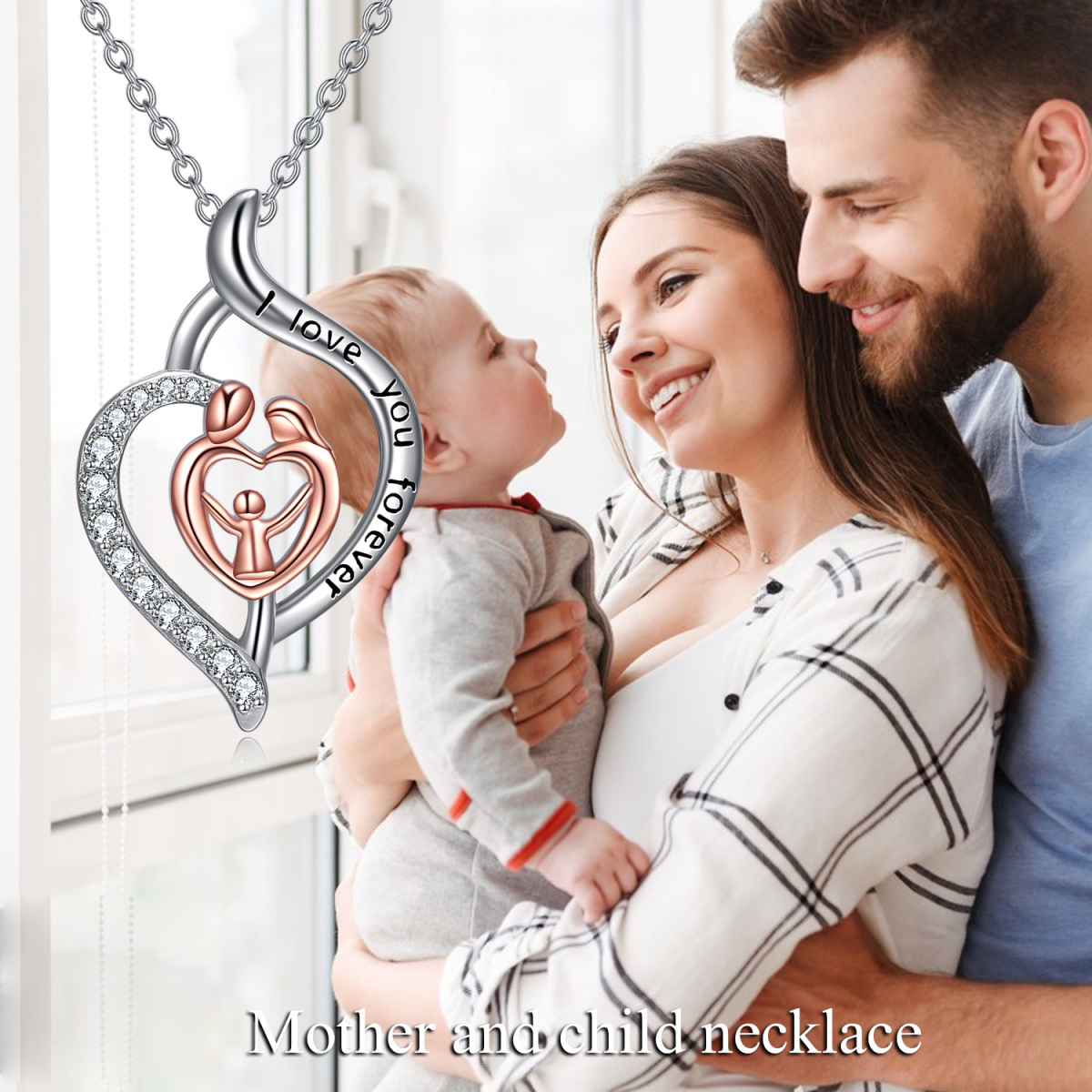 Sterling Silver Two-tone Zircon Parents & Children Pendant Necklace with Engraved Word-6