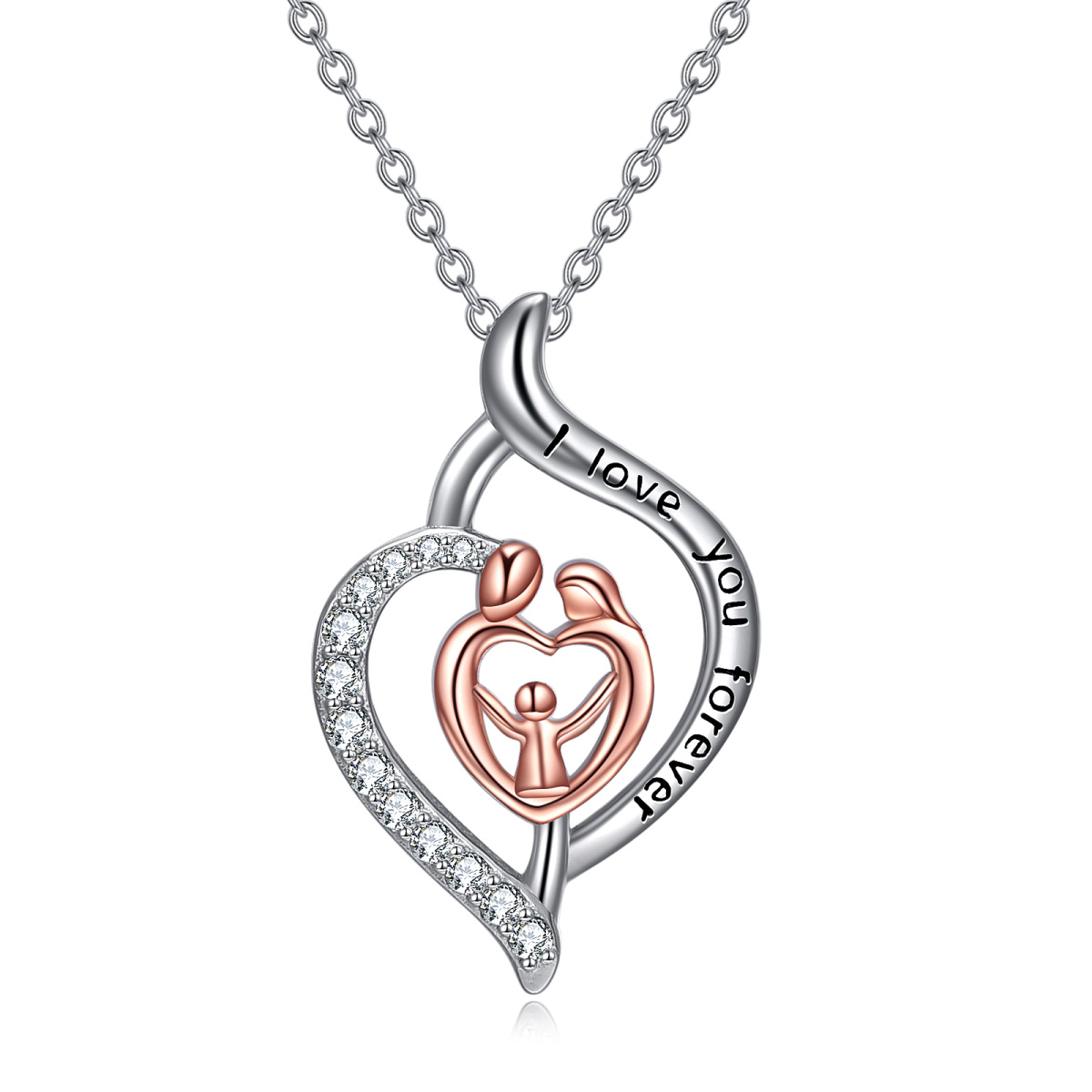 Sterling Silver Two-tone Zircon Parents & Children Pendant Necklace with Engraved Word-1
