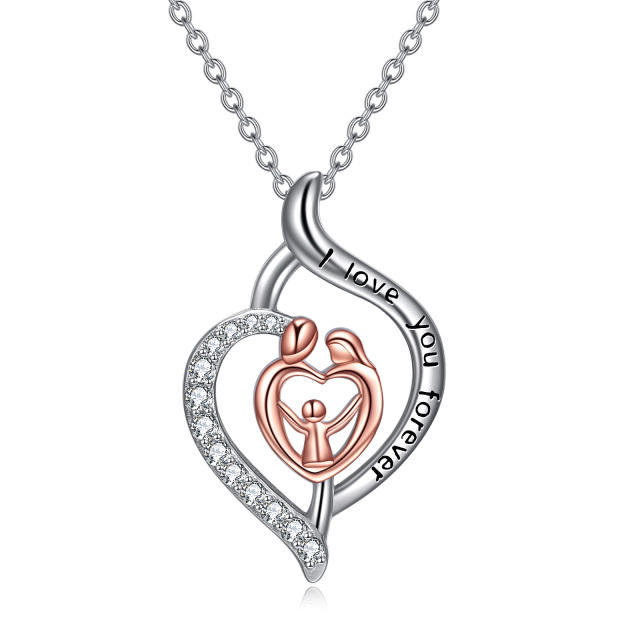 Sterling Silver Two-tone Zircon Parents & Children Pendant Necklace with Engraved Word-0