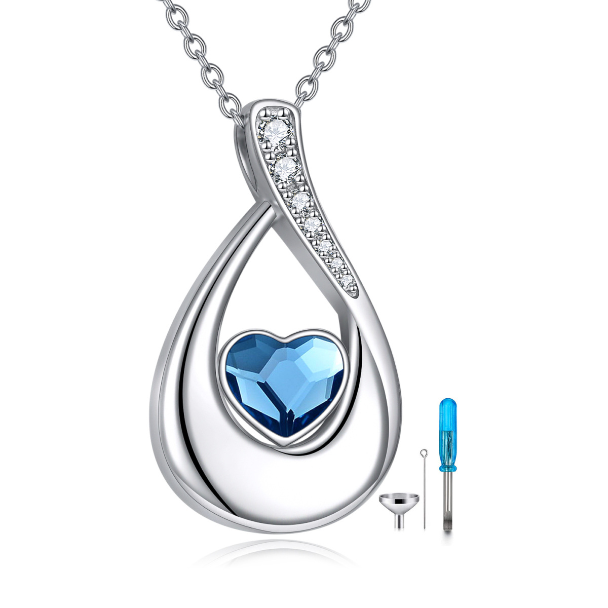 Collar de urna con símbolo de infinito en forma de gota de cristal en forma de corazón de plata de ley para cenizas-1